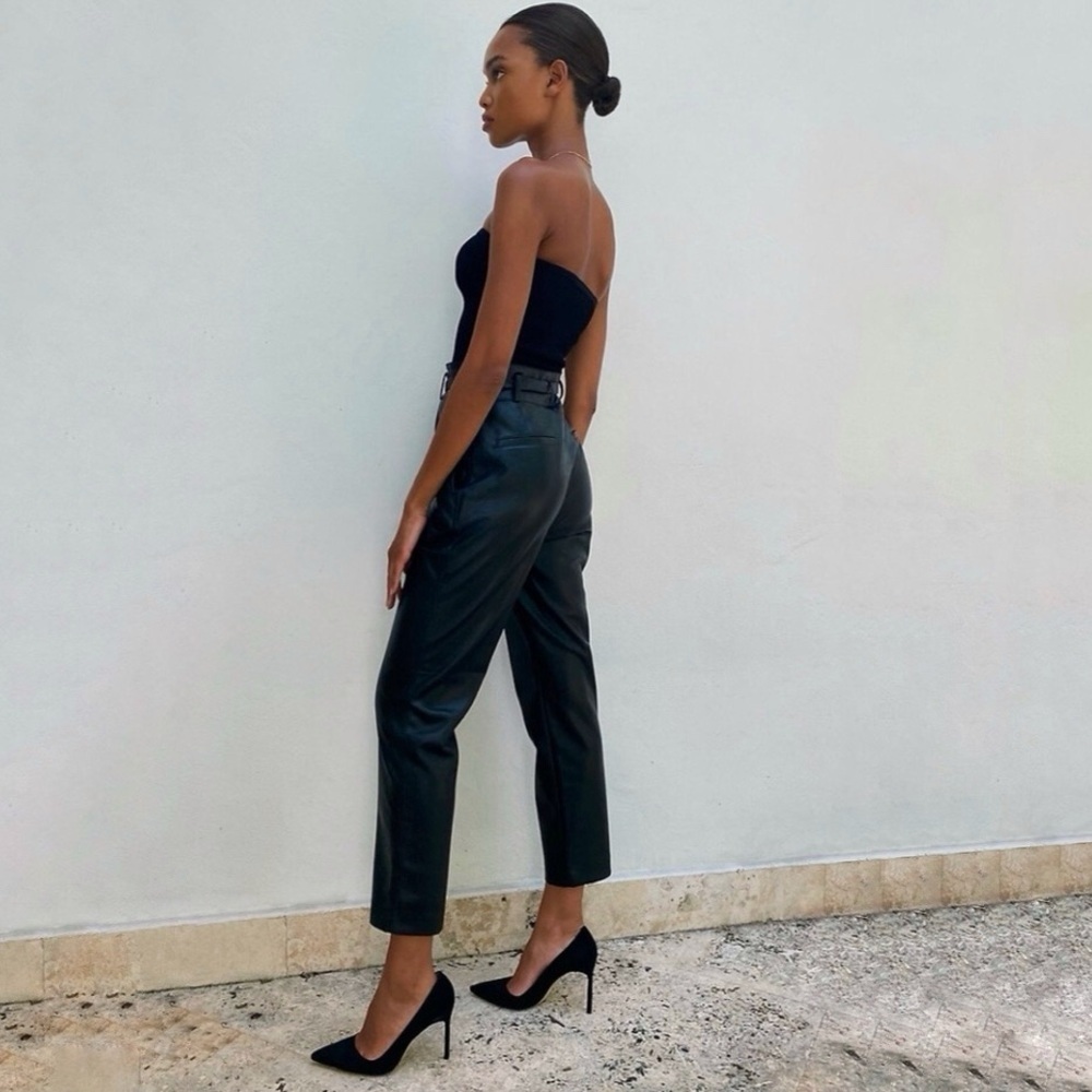 Aritzia Babaton Vegan Leather Belted Pant High Waist Tie Front Trouser Black 8 - Picture 2 of 16